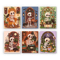 Boho Skeleton Hideaways mini paint by numbers set: six boho Halloween scenes of skeletons relaxing at home among plants, candles, pumpkins and cats