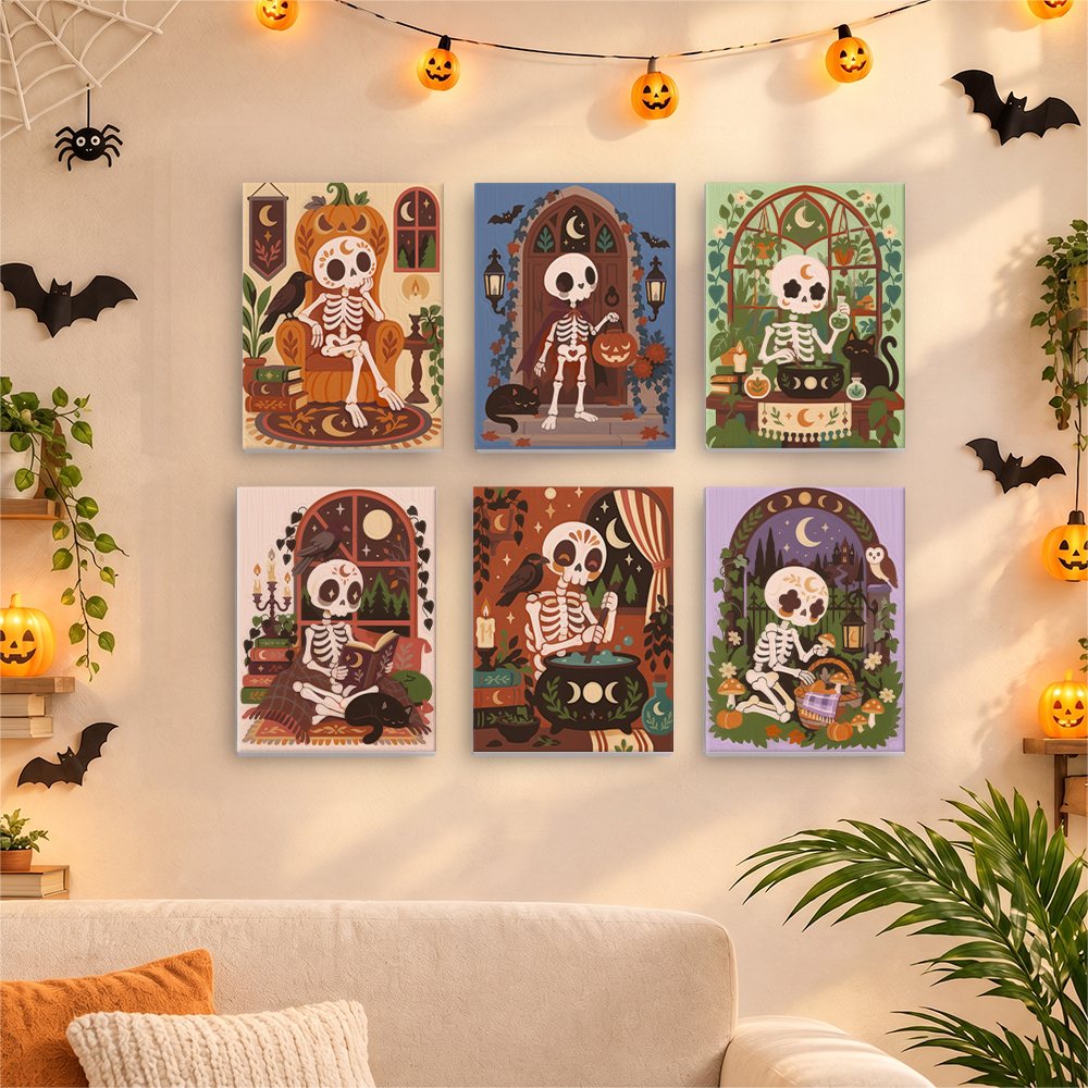 Six finished Boho Skeleton Hideaways mini paintings hung on a wall above a table