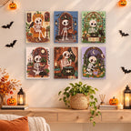 Boho Skeleton Hideaways mini paintings displayed as a gallery wall in a sunny kitchen