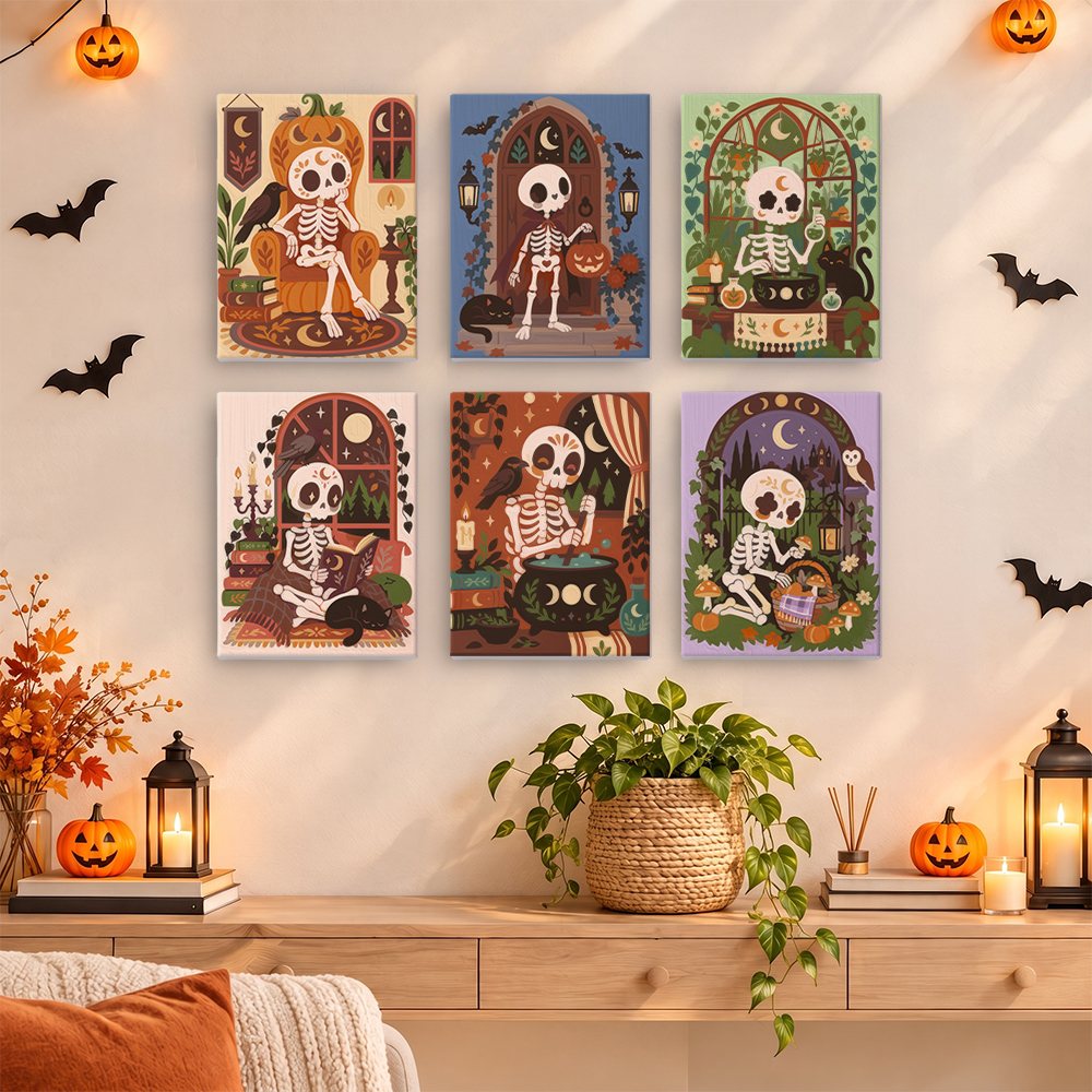 Boho Skeleton Hideaways mini paintings displayed as a gallery wall in a sunny kitchen