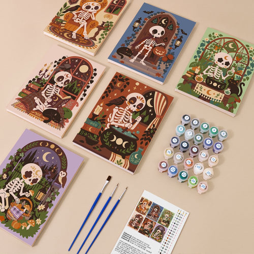 Boho Skeleton Hideaways mini paint by numbers kit with six numbered canvases, acrylic paints, brushes and layout