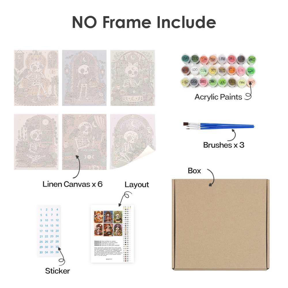 What's included without a frame: six rolled Boho Skeleton Hideaways mini canvases, acrylic paints, three brushes and layout