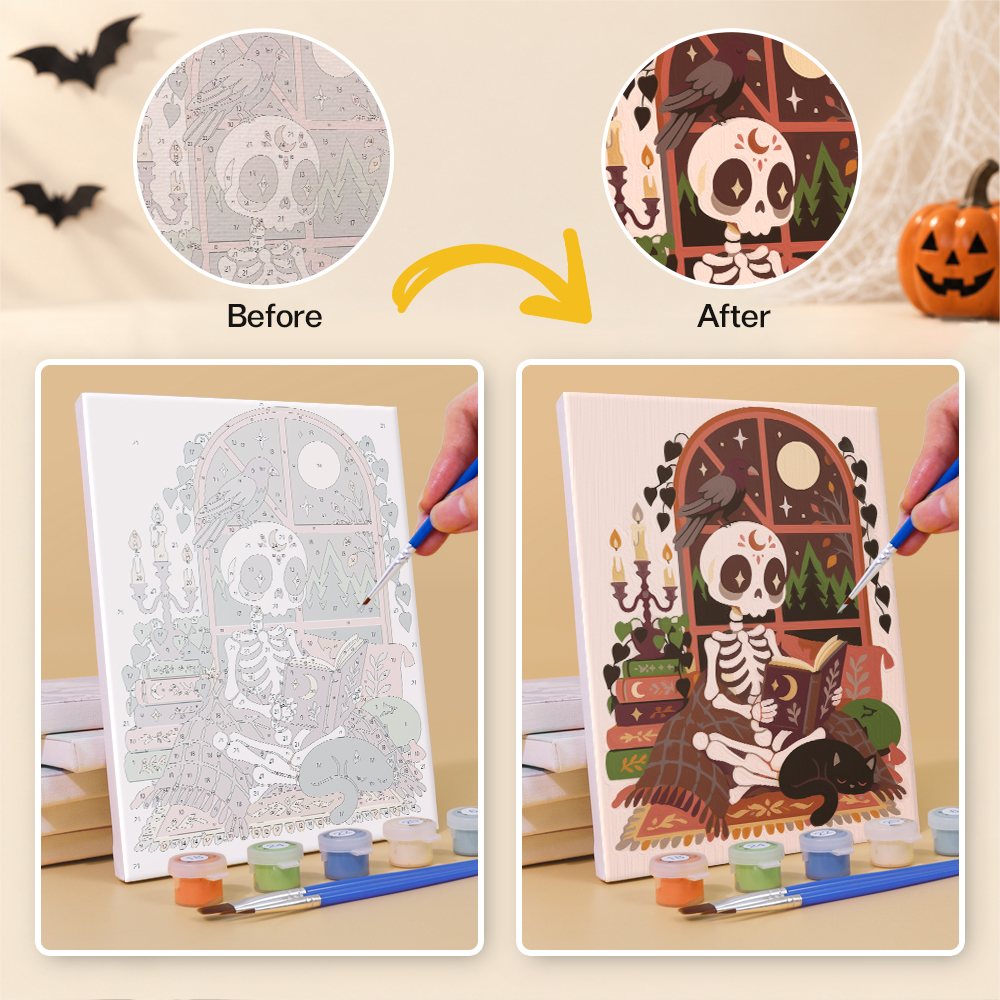Before and after of a Boho Skeleton Hideaways mini paint by numbers canvas