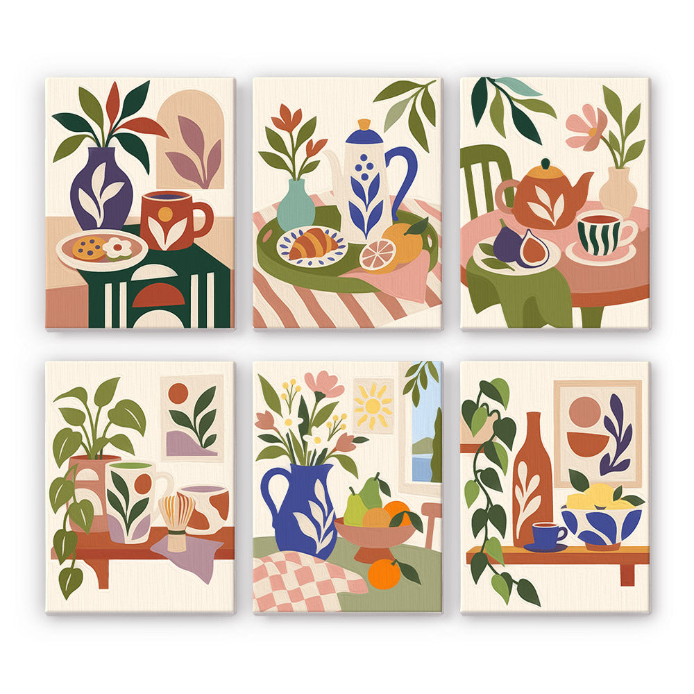 Boho Tea Time mini paint by numbers set: six tabletop still lifes with teapots, mugs, pastries, figs and plants