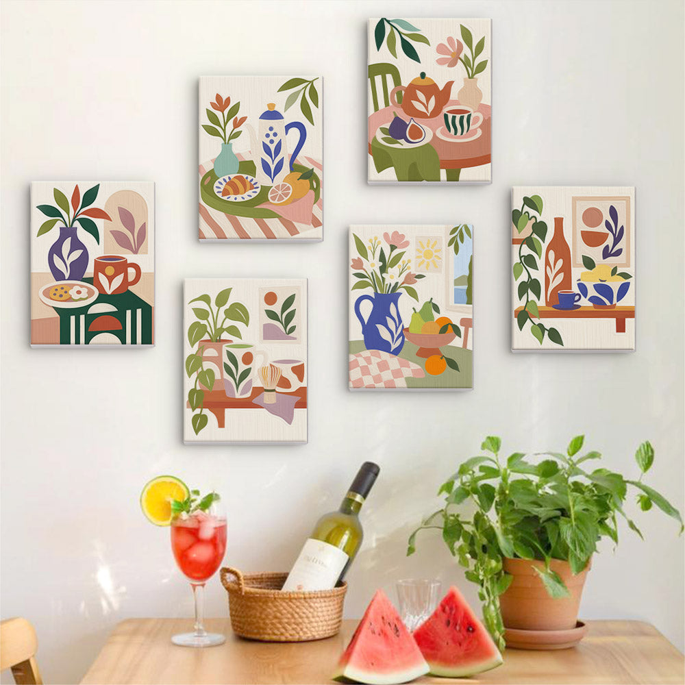 Six finished Boho Tea Time mini paintings hung on a wall above a table