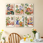 Boho Tea Time mini paintings displayed as a gallery wall in a sunny kitchen