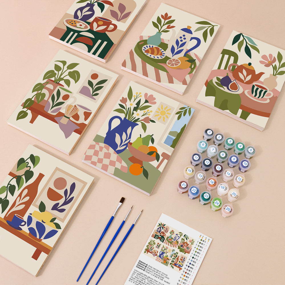 Boho Tea Time mini paint by numbers kit with six numbered canvases, acrylic paints, brushes and layout