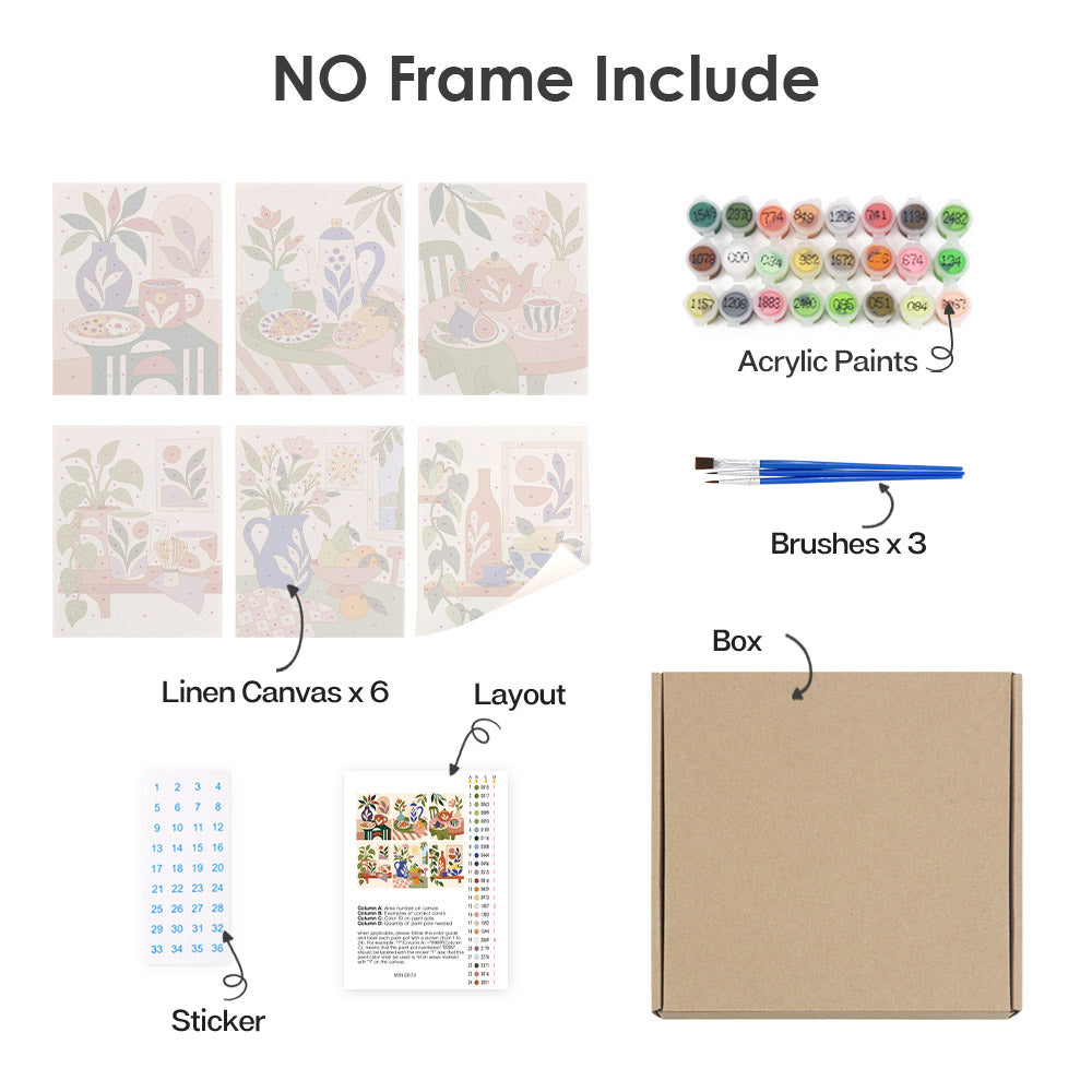 What's included without a frame: six rolled Boho Tea Time mini canvases, acrylic paints, three brushes and layout