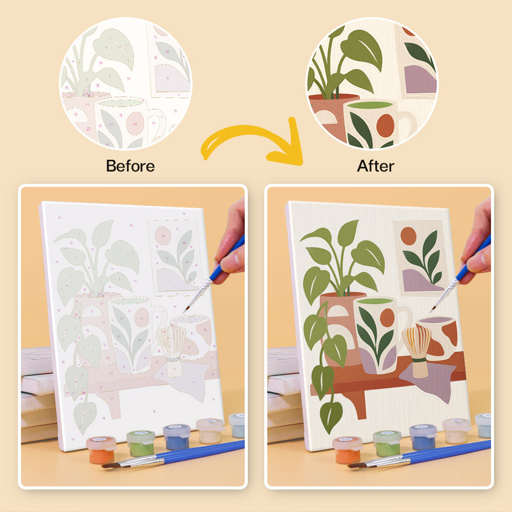 Before and after of a Boho Tea Time mini paint by numbers canvas