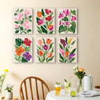 Bold Botanicals mini paintings displayed as a gallery wall in a sunny kitchen
