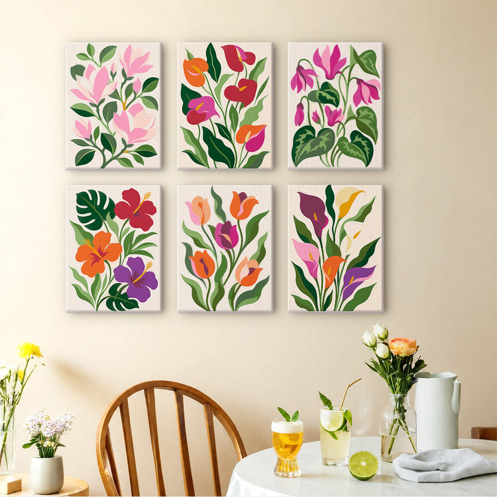 Bold Botanicals mini paintings displayed as a gallery wall in a sunny kitchen
