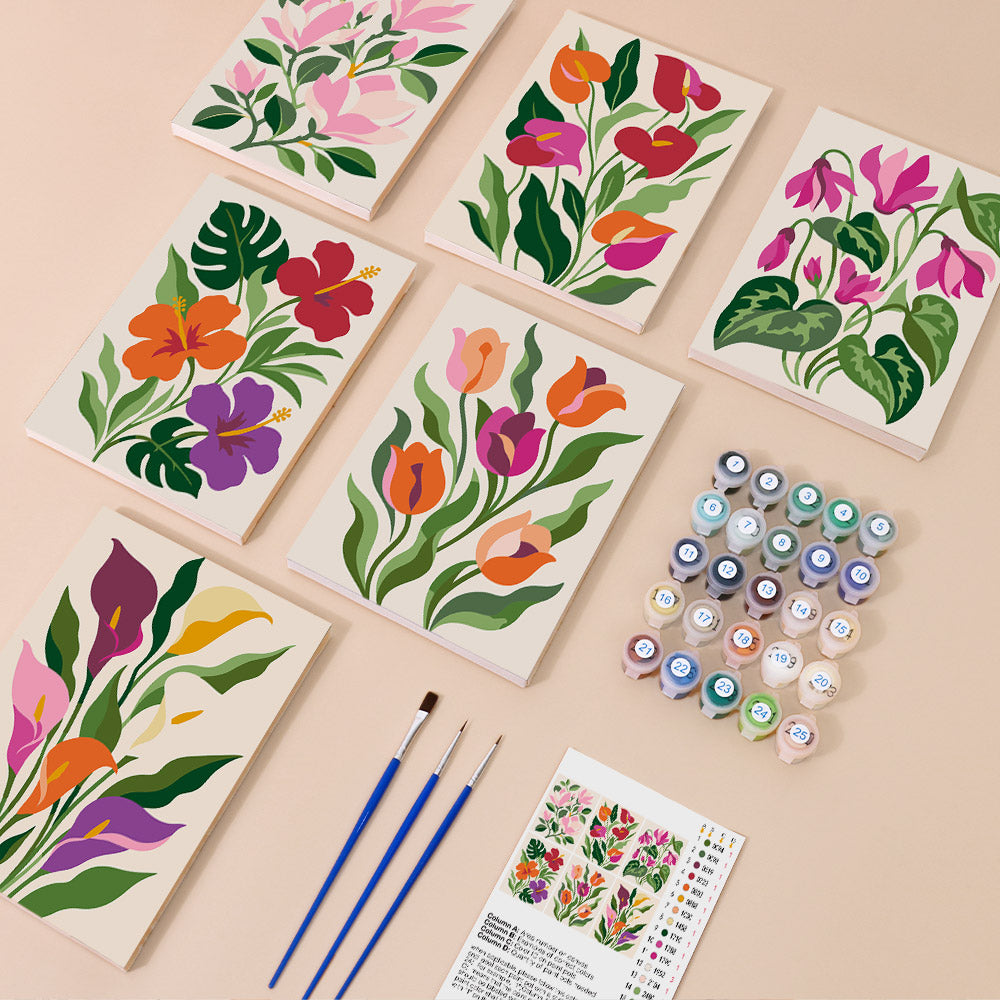 Bold Botanicals mini paint by numbers kit with six numbered canvases, acrylic paints, brushes and layout