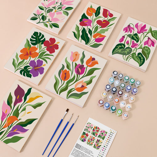 Bold Botanicals mini paint by numbers kit with six numbered canvases, acrylic paints, brushes and layout