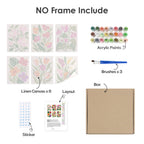What's included without a frame: six rolled Bold Botanicals mini canvases, acrylic paints, three brushes and layout