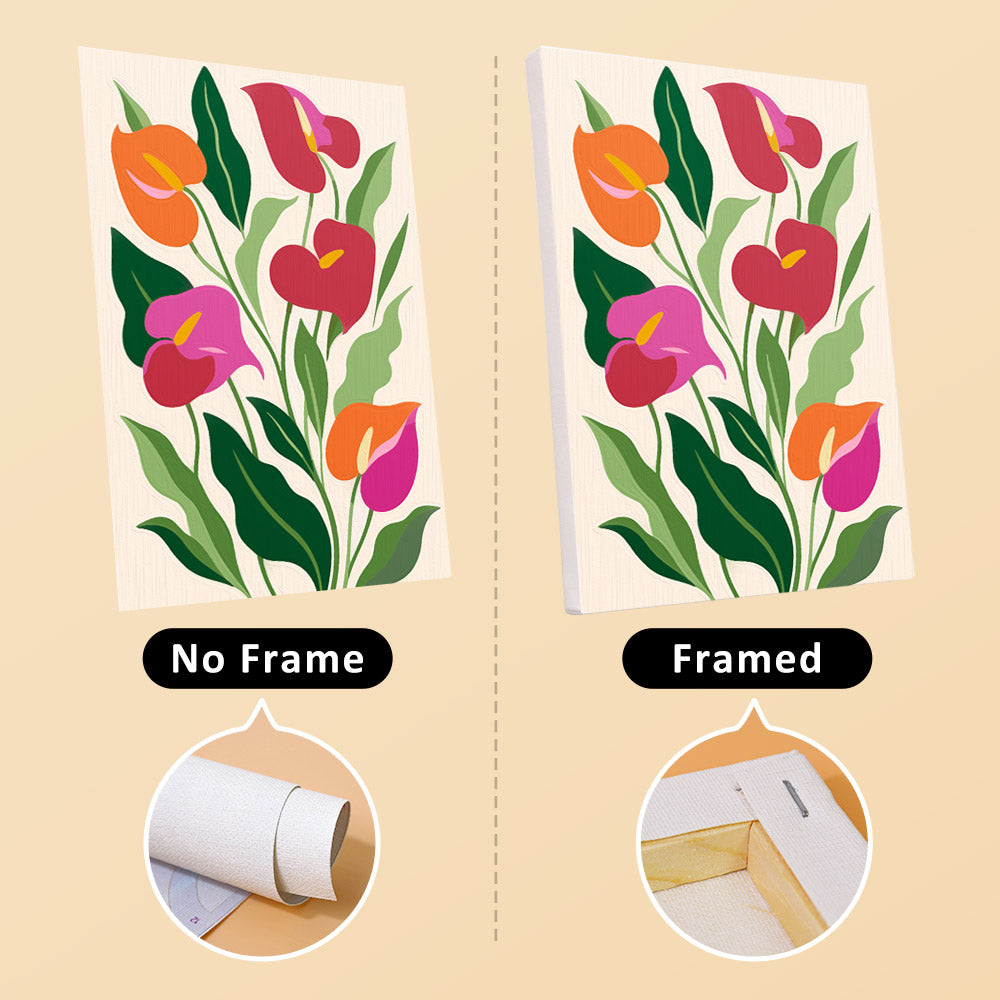 Bold Botanicals mini canvas shown rolled without a frame and pre-stretched on a frame