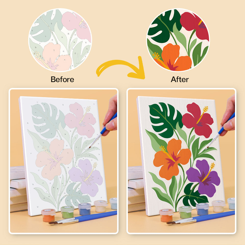 Before and after of a Bold Botanicals mini paint by numbers canvas