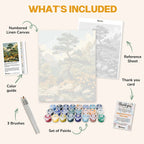 What's included in the Bonsai Legacy paint by numbers kit: numbered linen canvas, reference sheet, color guide, 24 acrylic paints, 3 brushes and thank you card