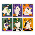 Boo Bathroom Buddies mini paint by numbers set: six silly ghost and mummy bathroom scenes with bubble baths, toilet paper, spellbooks and jack-o'-lanterns