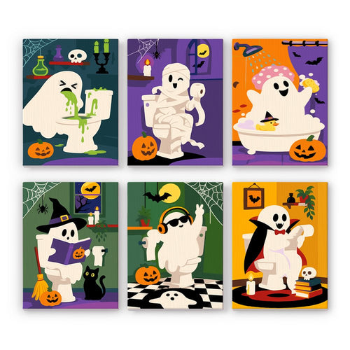 Boo Bathroom Buddies mini paint by numbers set: six silly ghost and mummy bathroom scenes with bubble baths, toilet paper, spellbooks and jack-o'-lanterns
