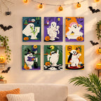 Six finished Boo Bathroom Buddies mini paintings hung on a wall above a table