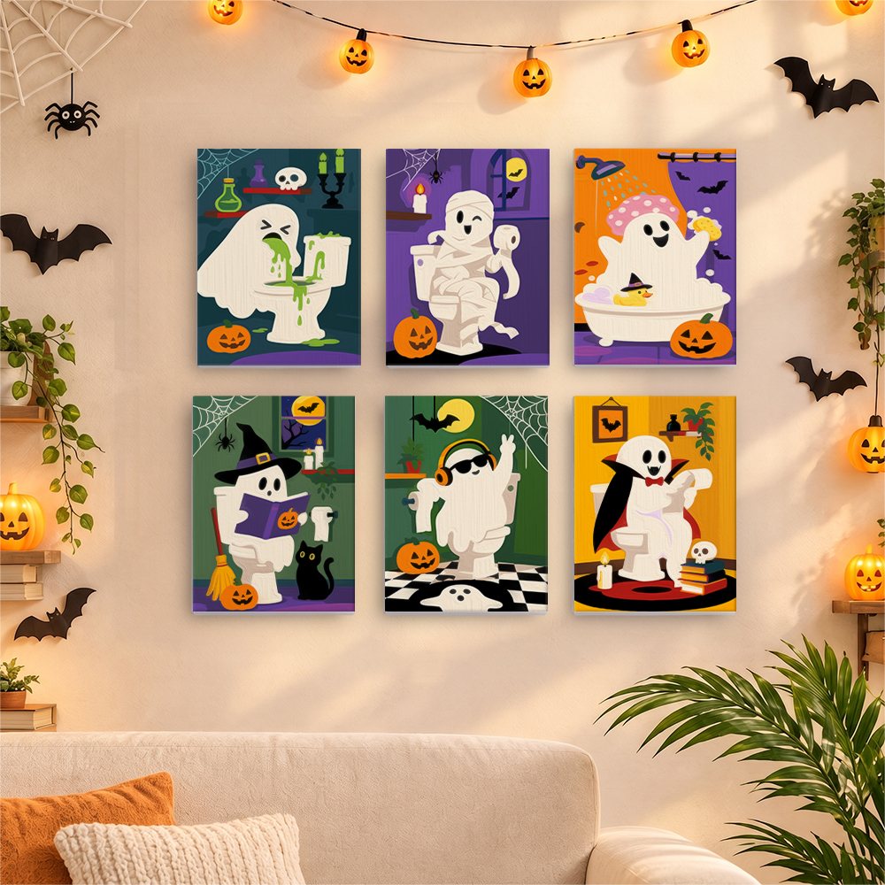 Six finished Boo Bathroom Buddies mini paintings hung on a wall above a table
