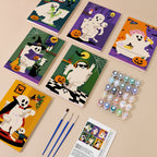 Boo Bathroom Buddies mini paint by numbers kit with six numbered canvases, acrylic paints, brushes and layout