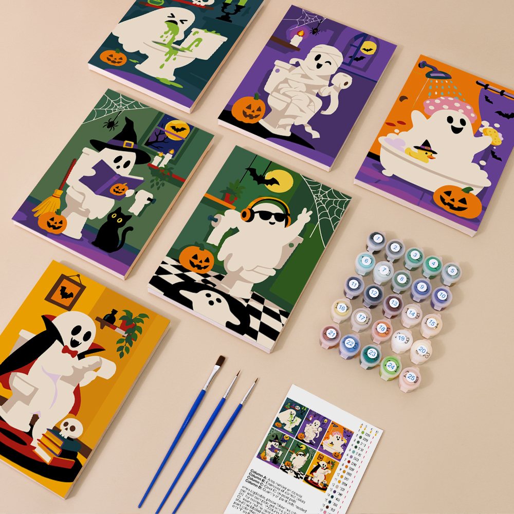 Boo Bathroom Buddies mini paint by numbers kit with six numbered canvases, acrylic paints, brushes and layout