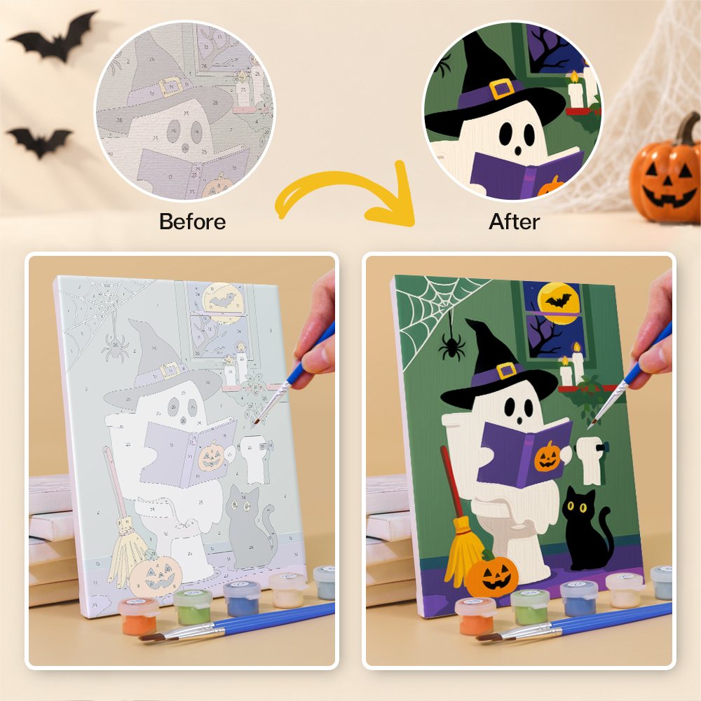 Before and after of a Boo Bathroom Buddies mini paint by numbers canvas