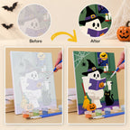 Before and after of a Boo Bathroom Buddies mini paint by numbers canvas