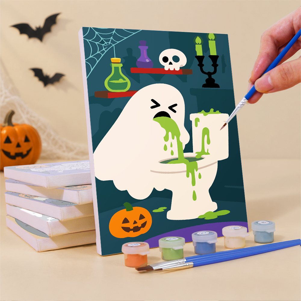 Painting a Boo Bathroom Buddies mini canvas propped up beside numbered acrylic paints