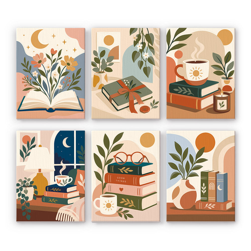 Book Lover's Corner mini paint by numbers set: six designs of stacked books, coffee, candles and leafy plants