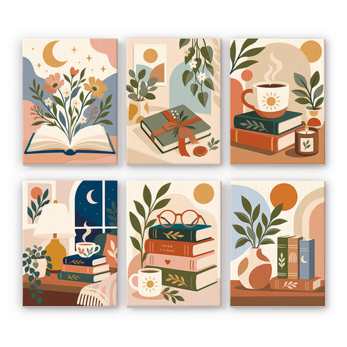 Book Lover's Corner mini paint by numbers set: six designs of stacked books, coffee, candles and leafy plants