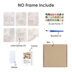 What's included without a frame: six rolled Book Lover's Corner mini canvases, acrylic paints, three brushes and layout