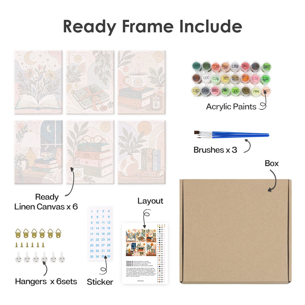 What's included pre-stretched on frame: six framed Book Lover's Corner mini canvases, paints, three brushes, hangers and layout