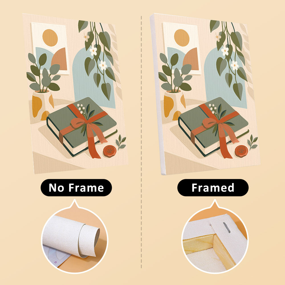 Book Lover's Corner mini canvas shown rolled without a frame and pre-stretched on a frame