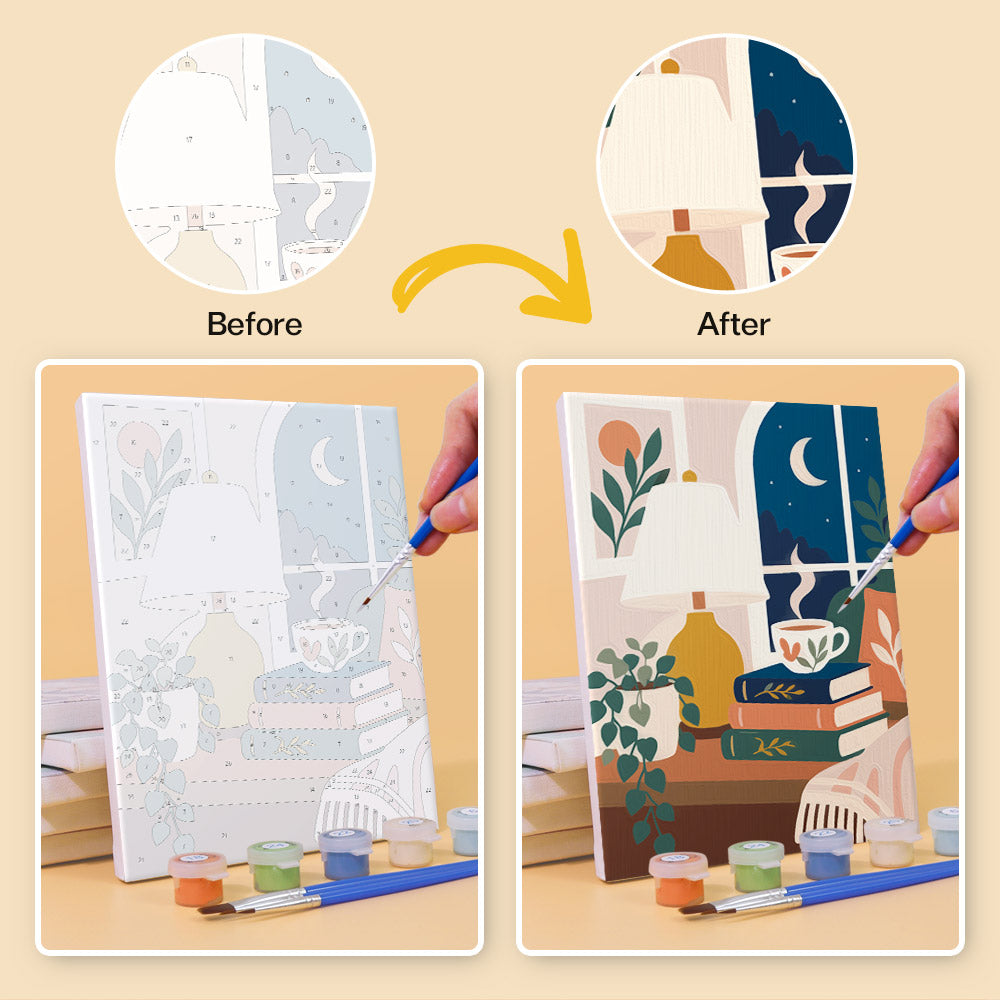 Before and after of a Book Lover's Corner mini paint by numbers canvas