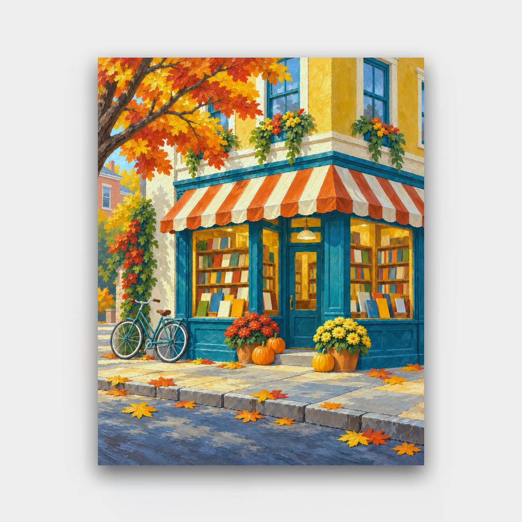 Bookshop on the Corner paint by numbers kit of a teal corner bookshop with a striped awning, pumpkins, mums and a bicycle in autumn