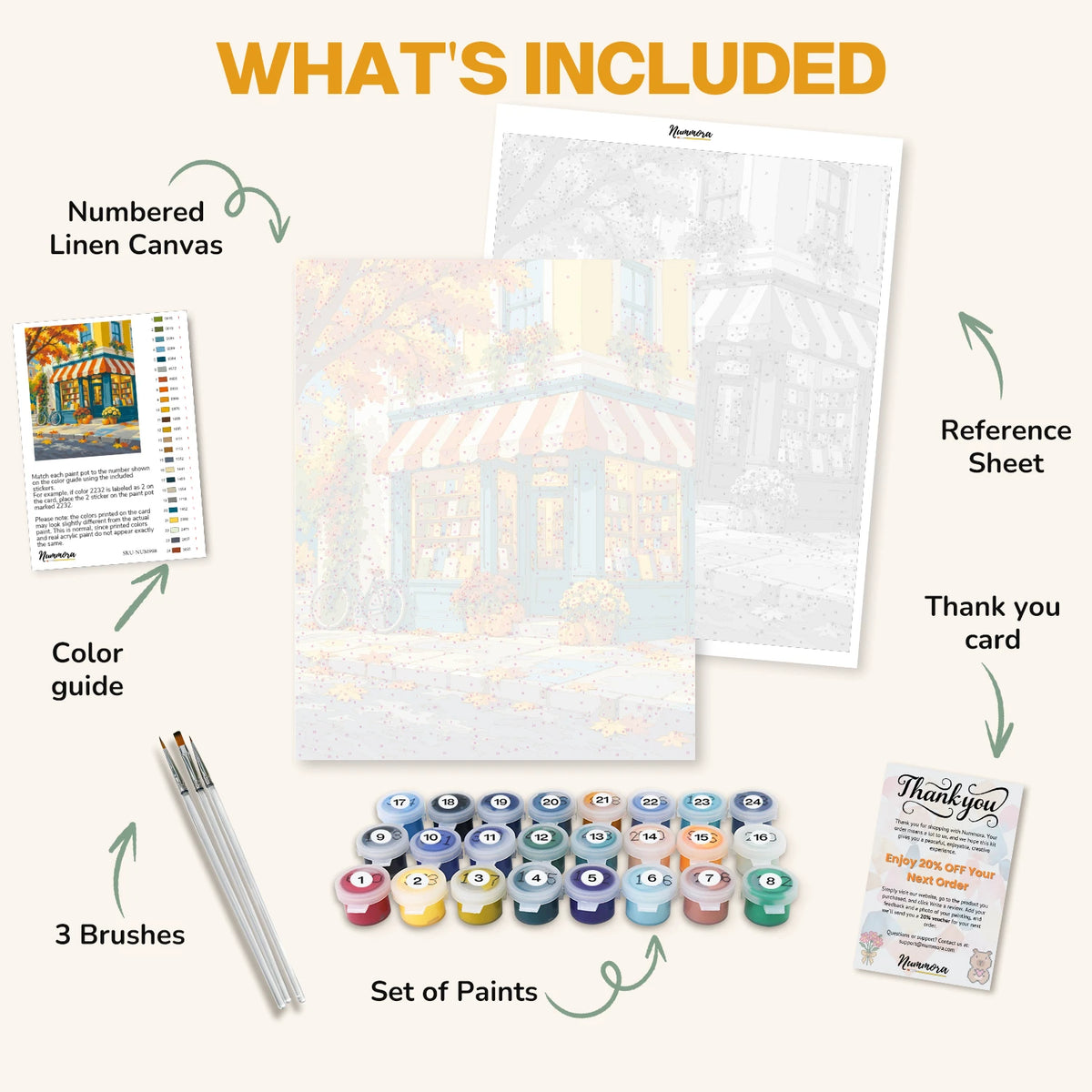 What's included in the Bookshop on the Corner paint by numbers kit: numbered linen canvas, reference sheet, color guide, 24 acrylic paints, 3 brushes and thank you card
