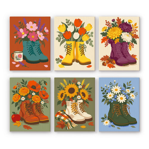Boot Bouquets mini paint by numbers set: six flower bouquets in boots, including cosmos, tulips, mums, poppies, sunflowers and daisies