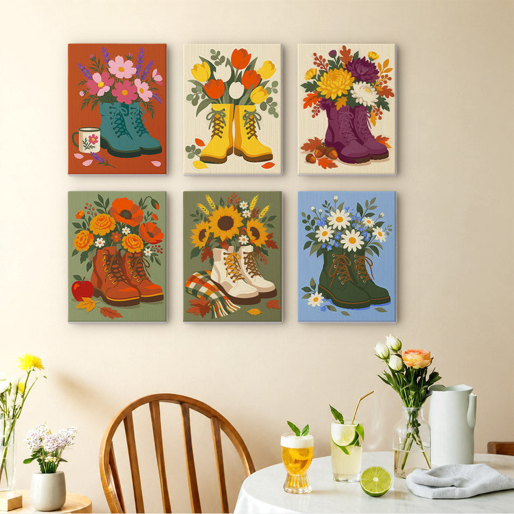 Boot Bouquets mini paintings displayed as a gallery wall in a sunny kitchen
