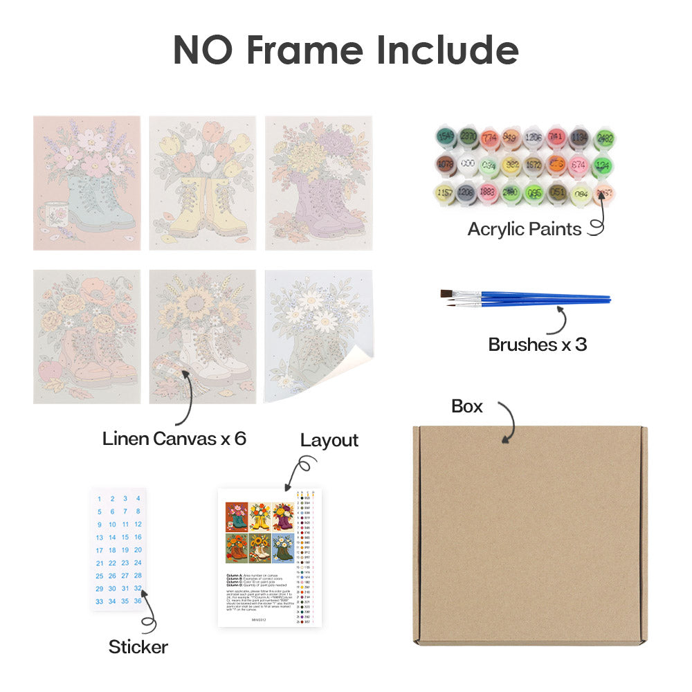 What's included without a frame: six rolled Boot Bouquets mini canvases, acrylic paints, three brushes and layout