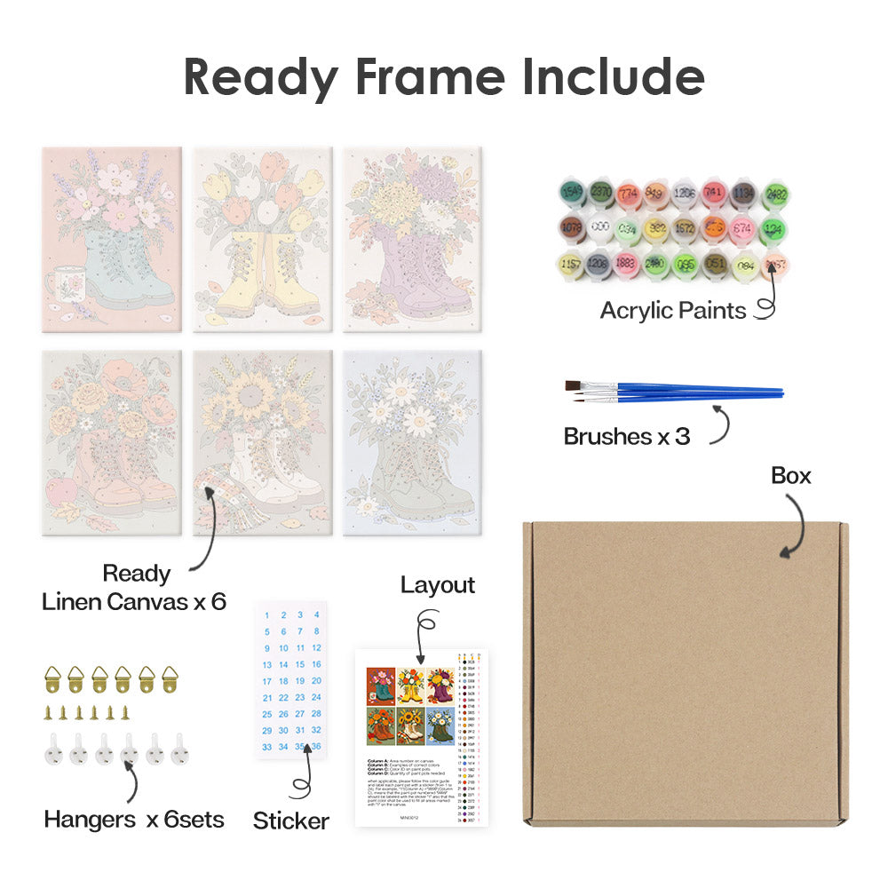What's included pre-stretched on frame: six framed Boot Bouquets mini canvases, paints, three brushes, hangers and layout