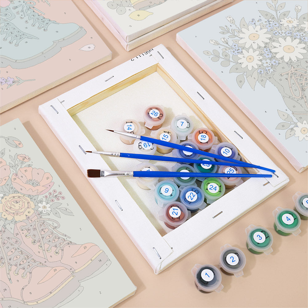 Numbered paint pots and brushes on a pre-stretched Boot Bouquets mini canvas