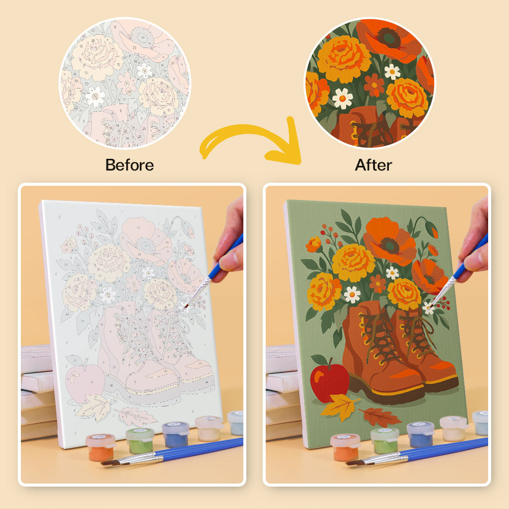 Before and after of a Boot Bouquets mini paint by numbers canvas
