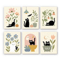 Botanical Black Cats mini paint by numbers set: six minimalist black cats among soft flowers, stems, pumpkins and a tiny ghost on cream