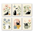 Botanical Black Cats mini paint by numbers set: six minimalist black cats among soft flowers, stems, pumpkins and a tiny ghost on cream