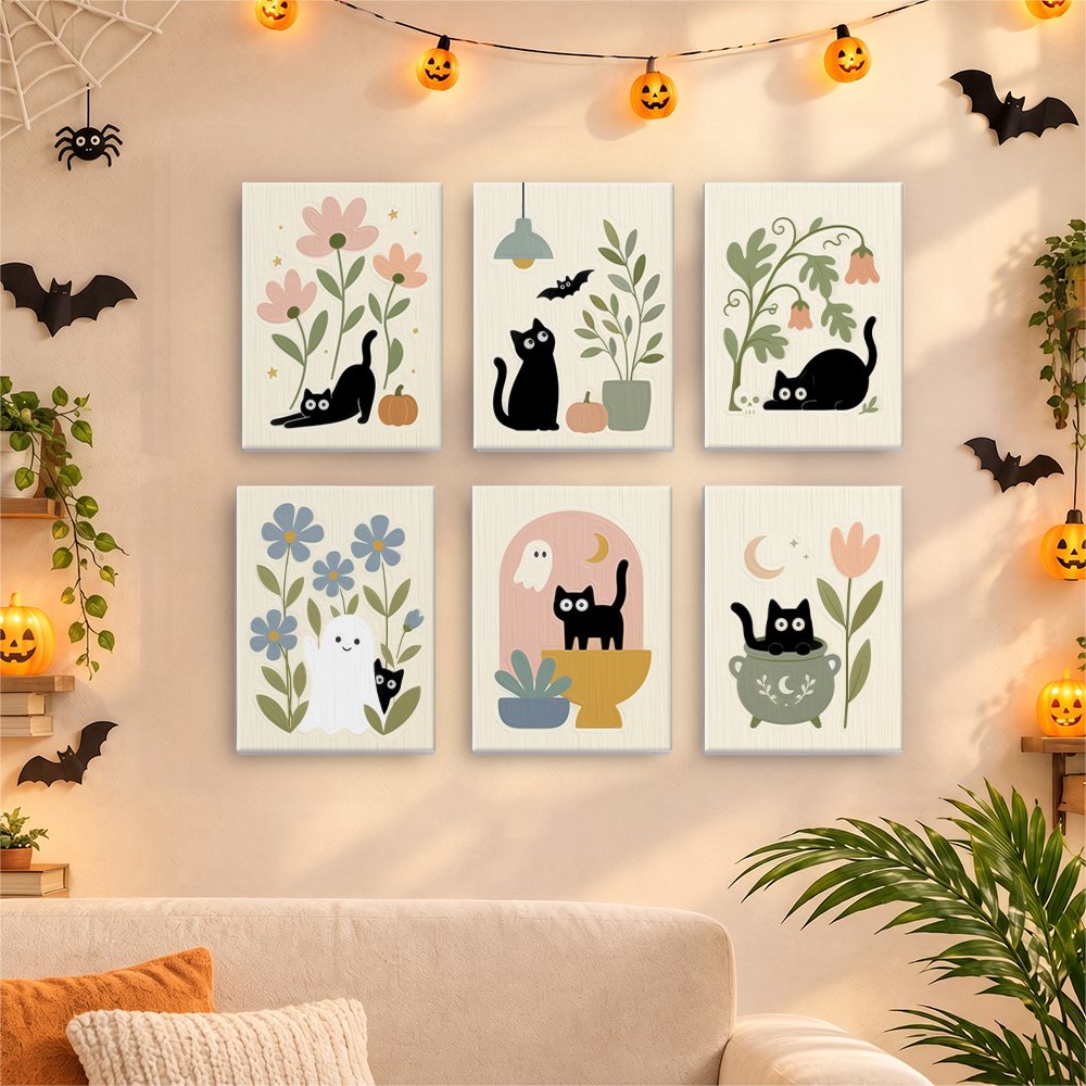 Six finished Botanical Black Cats mini paintings hung on a wall above a table