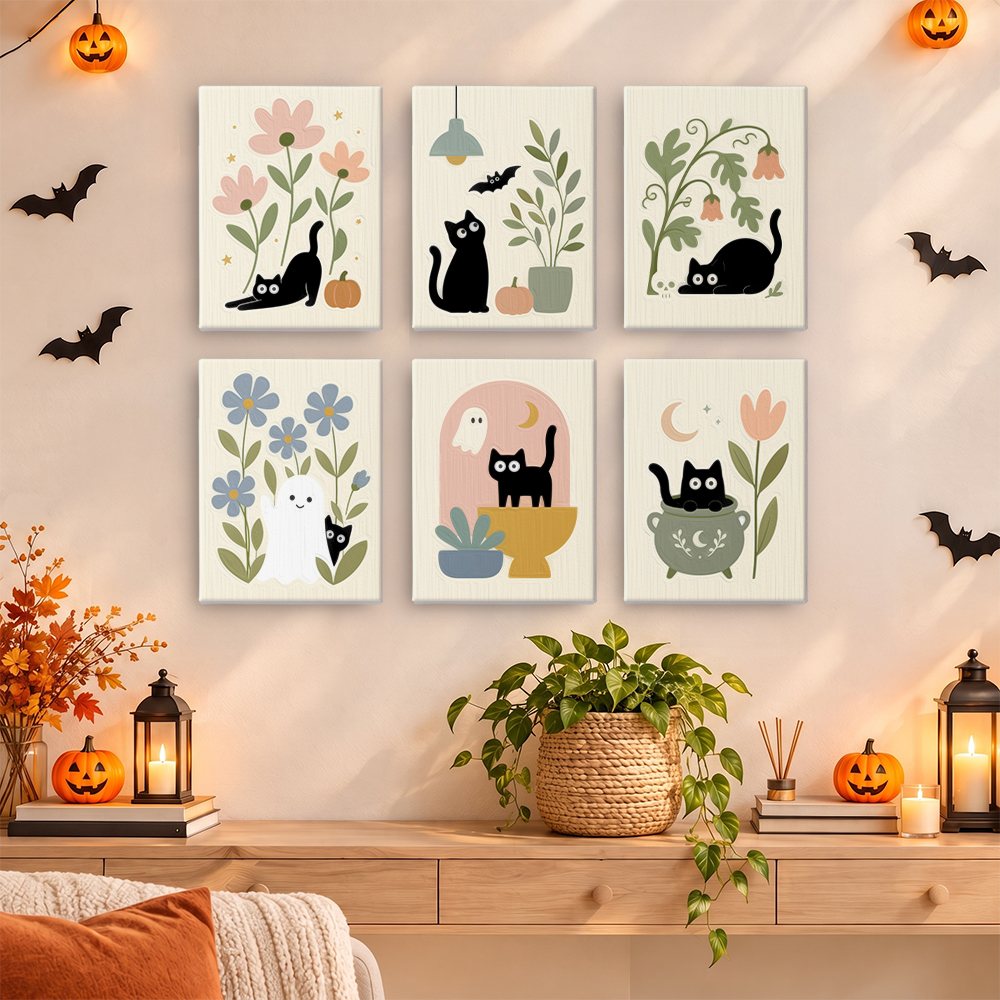 Botanical Black Cats mini paintings displayed as a gallery wall in a sunny kitchen