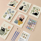 Botanical Black Cats mini paint by numbers kit with six numbered canvases, acrylic paints, brushes and layout