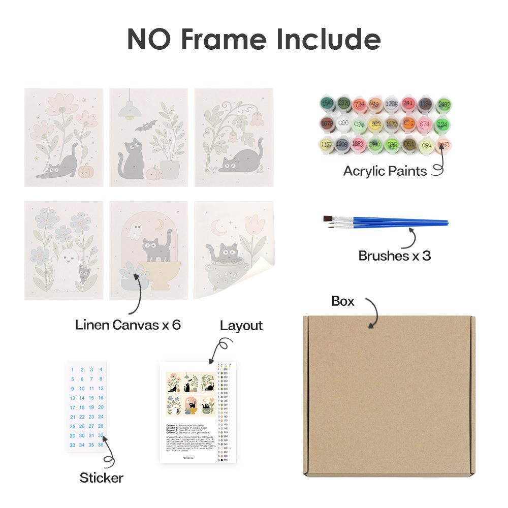What's included without a frame: six rolled Botanical Black Cats mini canvases, acrylic paints, three brushes and layout